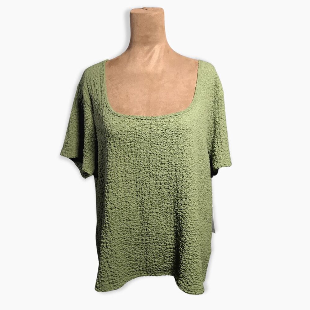 Women’s Plus Size 3XL Green Pucker Knit Top – Square Neck Short Sleeve Blouse